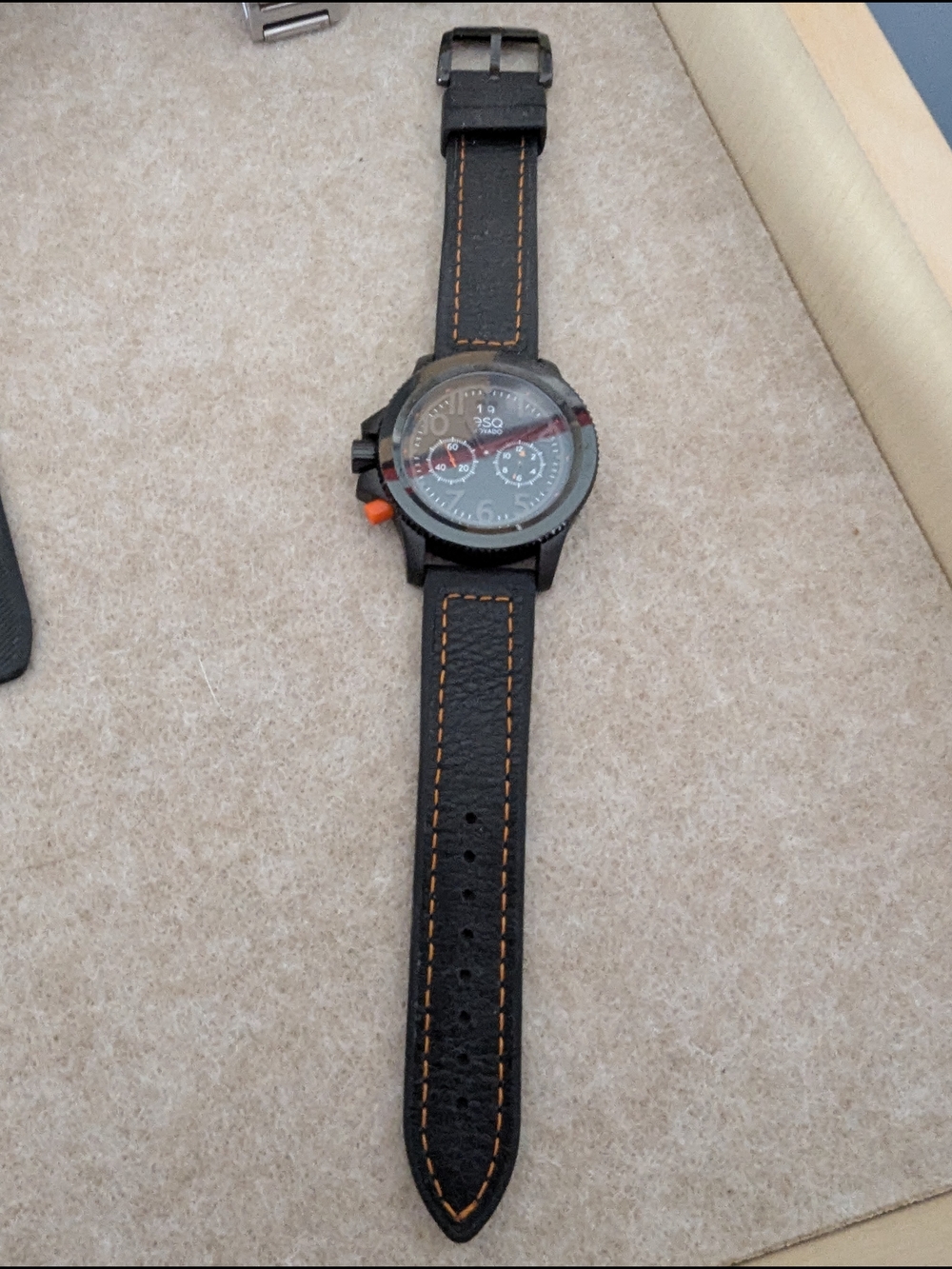 Men's Black Leather Strap Watch with Orange Accents